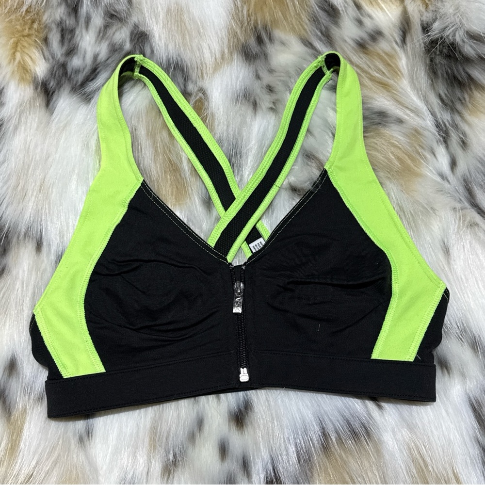 Victoria’s Secret VSX Sexy Sport Black and Neon Green Front-Zip Sports Bra